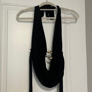 Black Backless Halter Top with Gold Accent